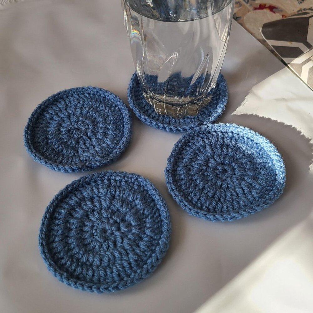Crochet Handmade Coaster Blue Acrylic Set of 4